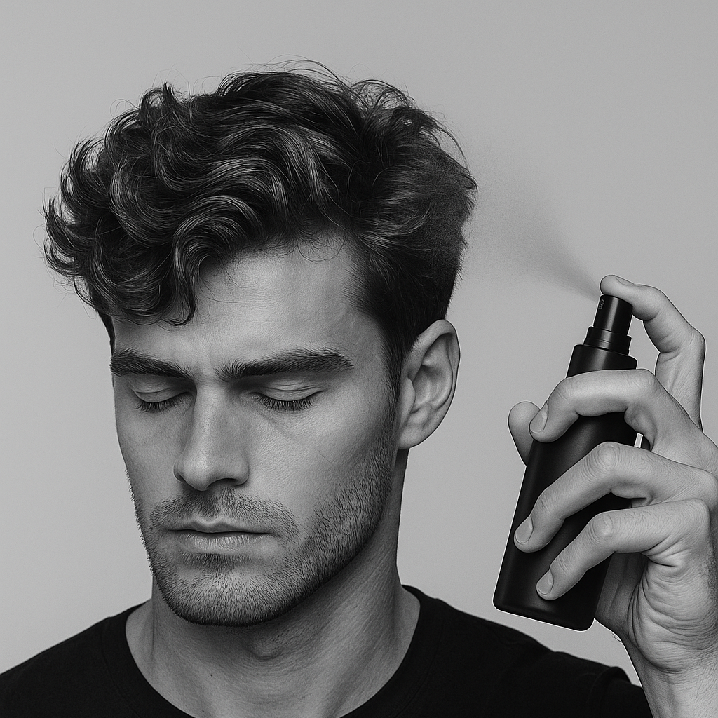 Man applying hair product with a spray bottle against a plain background